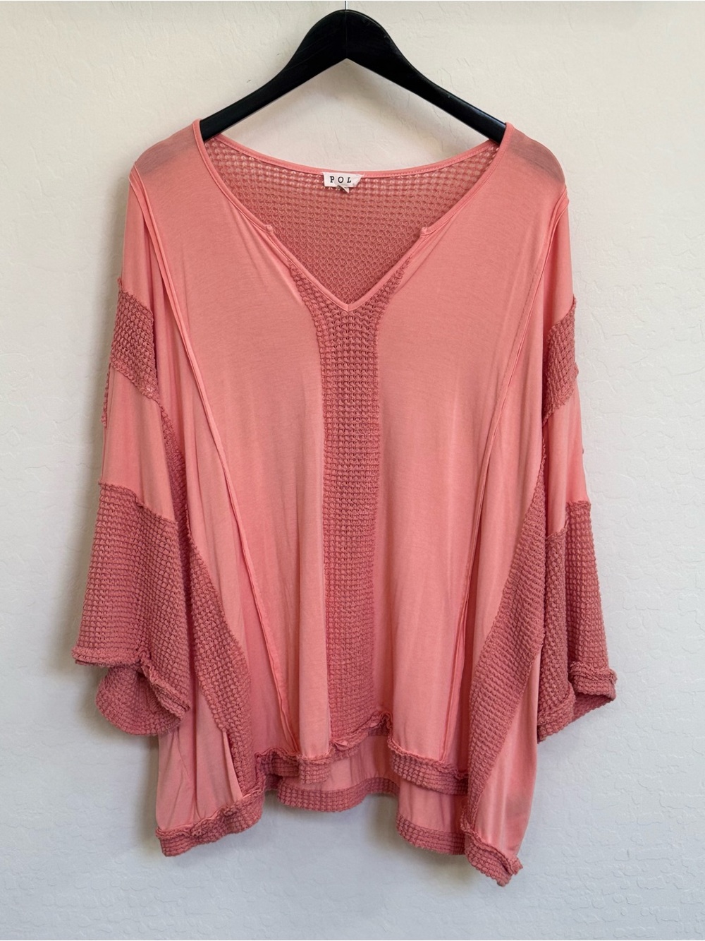 POL Clothing Oversized Waffle Knit Panel V-Neck Tunic Top Size Medium Salmon
